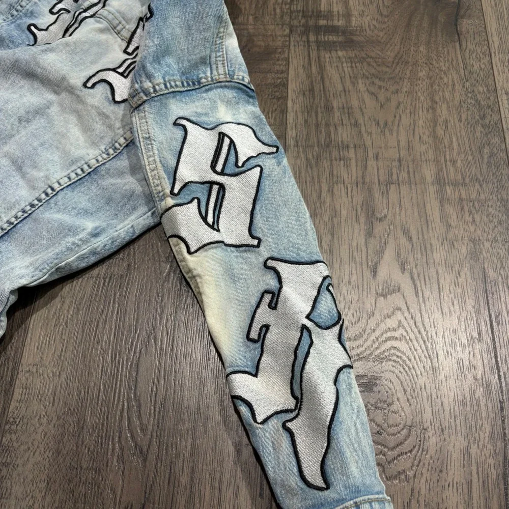 Evolution In Design‎ Denim Jacket Kids Size 5 Blue Gothic Patch Distressed